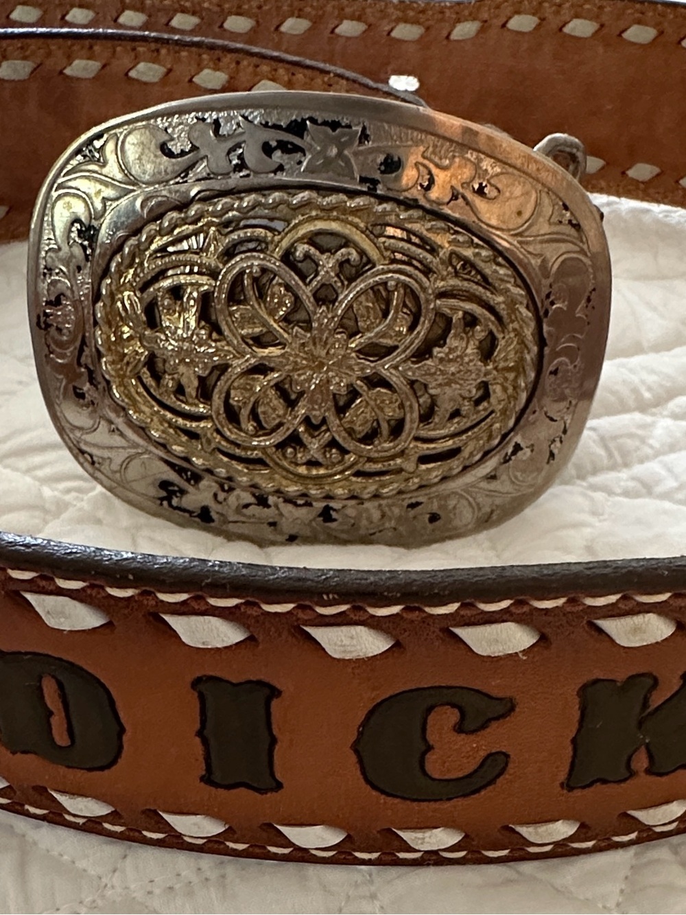 Tony Lama Vintage Western Leather Name Belt "DICK" Size 36 Floral Tooled